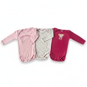 Lot de 3 bodies bébé manches longues rose, blanc et violet avec motifs et inscription, marque Absorba, 9 mois, d'occasion