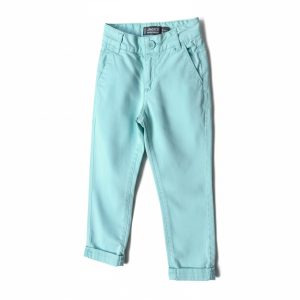 Pantalon enfant vert d’eau coupe droite avec poches, bouton à la taille, ourlets retroussables, marque Orchestra, taille 98 cm, d'occasion