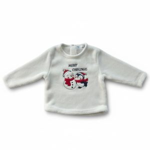 Pull bébé polaire blanc manches longues avec motif bonhomme de neige et pingouin, inscription Merry Christmas, d'occasion