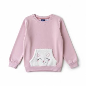 Pull enfant rose avec poche décorative chat en tissu bouclette, manches longues, marque Lupilu, 3/4 ans d'occasion