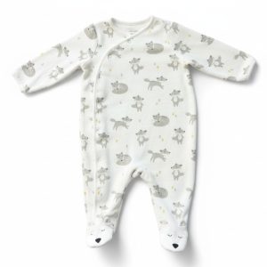 Pyjama bébé en velours blanc à motifs renard gris, manches longues, fermeture croisée et pieds intégrés, d'occasion