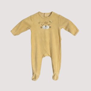 Pyjama bébé en velours jaune avec motif tête de félin, manches longues et pieds intégrés. Kiabi, 9 mois, d'occasion