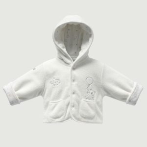 Veste bébé blanche en polaire à capuche, avec poches frontales et motifs. C&A, 6 mois, d'occasion