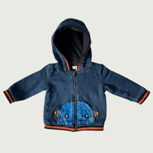 Veste bébé en jean à capuche avec fermeture zippée et motif robot sur le devant. Du pareil au même, 12 mois