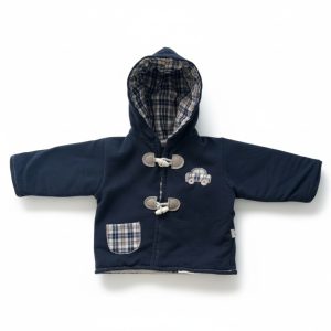 Veste bébé bleu marine à capuche doublée à carreaux, épaisse et chaude, avec fermetures brandebourg et poche avant, d'occasion