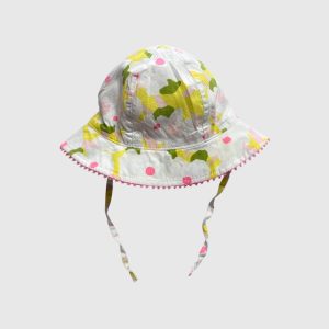 Chapeau bébé blanc à motifs jaunes, verts et roses avec bord croquet rose et liens à nouer. Du Pareil Au Même, 3 mois d'occasion