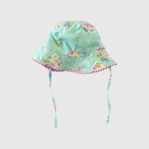 Chapeau bébé vert d’eau à imprimé fleuri avec bord croquet rose et liens à nouer. Du Pareil au Même, 3 mois d'occasion