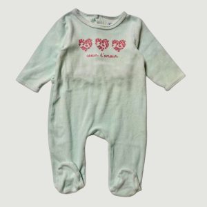Dors-bien bébé MOTS D’ENFANTS vert d’eau en velours, manches longues, motif cœurs roses, taille 9 mois, d'occasion