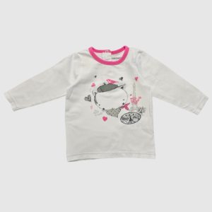 T-shirt bébé blanc à manches longues avec col biais rose, dessin personnage parisien avec béret et Tour Eiffel. Orchestra, 6 mois, d'occasion
