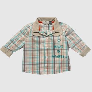 Chemise bébé à manches longues à carreaux bleu, taupe et marron sur fond blanc avec inscription « Départ en vacances ». Orchestra, 12 mois, d'occasion