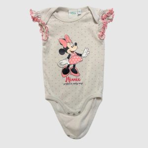 Body bébé Disney blanc cassé à manches courtes froncées avec volants roses, motif Minnie et petits pois roses. 6 mois, d'occasion