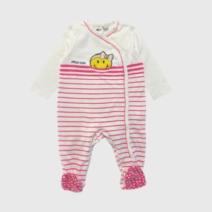 Dors-bien bébé blanc rayé rose avec motifs Smiley et pieds intégrés. Smiley Baby, 6 mois d'occasion