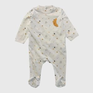 Dors-bien bébé blanc avec motifs lune, étoiles et soleil et broderie lune moutarde. Kiabi, 6 mois d'occasion