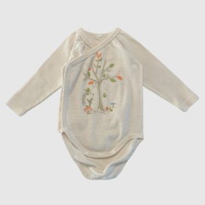 Body bébé Absorba, 3 mois, beige rayé crème à manches longues, ouverture cache-cœur avec boutons-pression et motif arbre nature avec hérisson, d'occasion