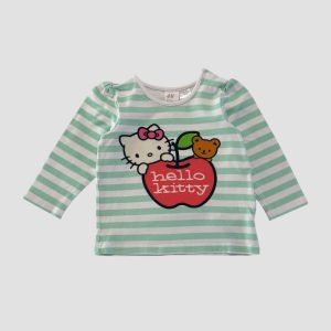 T-shirt rayé vert clair et blanc Hello Kitty avec pomme rouge, manches longues. H&M, 6 mois d'occasion