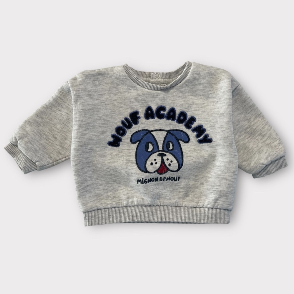 Sweat bébé gris clair à manches longues avec sérigraphie chien Wouf Academy. Tape à L’œil, 6 mois, d'occasion
