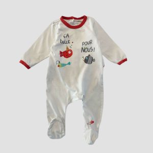 Dors-bien bébé crème manches longues avec motifs poissons colorés et inscription « Ça bulle pour nous ». Orchestra, 9 mois d'occasion