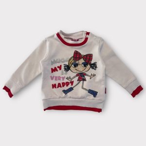 Sweat bébé Miss Gang écru à manches longues avec bordures rouges et motif fille joyeuse avec message Very Happy. 18 mois d'occasion