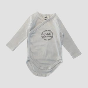 Body bébé blanc manches longues cache-cœur avec inscription Petit amour en motif taupe. Mots d'enfants, 3 mois d'occasion