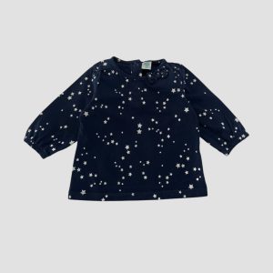 Tee-shirt bébé bleu marine à manches longues avec imprimé petites étoiles blanches et détail nœud à l’encolure. TexBaby, 3 mois d'occasion