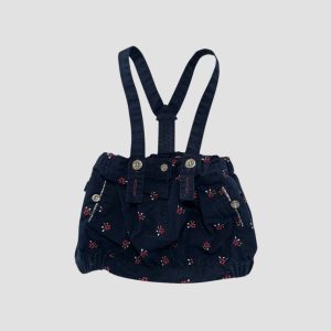 Jupe bébé bleu marine à bretelles avec imprimé petites fleurs blanches, jaunes et roses. Lulu Castagnette, 3 mois d'occasion