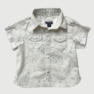 Chemise bébé beige à manches courtes avec imprimé carte au trésor gris-bleu et poches boutonnées. Kiabi, 1 mois d'occasion