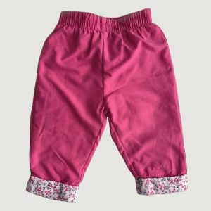 Pantalon bébé 3 mois rose fuchsia, taille élastiquée et revers doublés motif petites fleurs, d'occasion