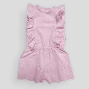 Combishort fille Bébetto 9 mois rose pâle, sans manches, volants aux épaules et broderie anglaise sur le bas, d'occasion