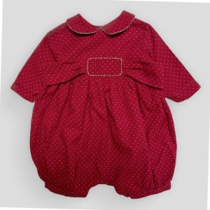 Combinaison en 6 mois rouge à pois blancs, col Claudine, taille froncée avec ceinture décorative et manches longues, d'occasion