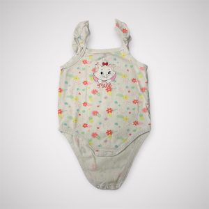 Body bébé sans manches blanc, imprimé floral coloré, avec illustration de Marie des Aristochats et bretelles à volants. Seconde main.