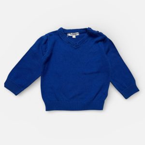 Pull bébé manches longues bleu vif avec un col en V. Seconde main.