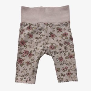 Legging bébé vieux rose avec des motifs de fleurs et une large ceinture élastique. Seconde main.