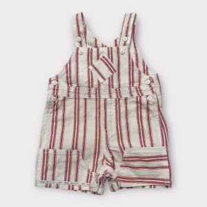 Salopette courte bébé rayée rouge et blanche avec poches, dotée de pressions entrejambes. Seconde main.