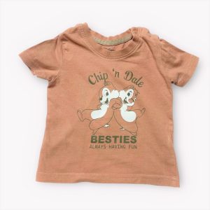 T-shirt bébé terracotta à manches courtes avec motif Tic et Tac et inscription « BESTIES ». Seconde main.