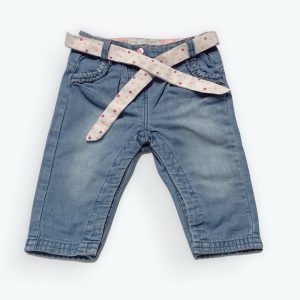 Jean bébé délavé poches avec fronces ceinture à pois pressions entrejambes. Seconde main.