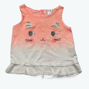 Débardeur bébé tie and dye blanc orange volanté au bas et un motif central. Seconde main.