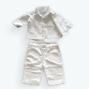 Ensemble 3 pièces bébé blanc manches ajustables gilet et pantalon. Seconde main.