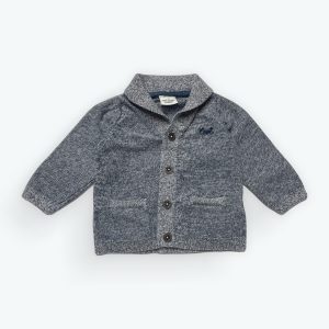 Gilet gris chiné manches longues col retourné boutons devant. Seconde main.