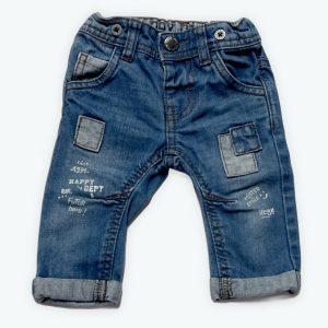 Pantalon bébé jean délavé et avec ajouts sur les cuisses. Seconde main.