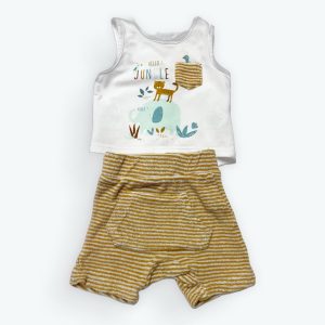 Ensemble bébé composé d'un débardeur blanc et d'un short en velours rayé blanc rouille.