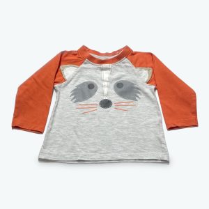 T-shirt bébé manche longue bicolore gris clair et brique avec un dessin animal devant. Seconde main.