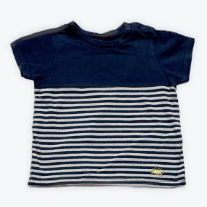 T-shirt bébé rayé blanc et bleu marine à manches courtes. Seconde main.