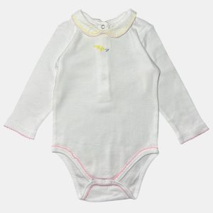 Body blanc à manches longues avec col arrondi et petit motif jaune et bleu. Cadet Rouselle, 6 mois, d'occasion