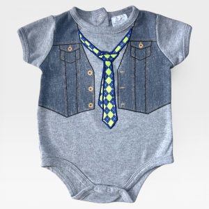 Body bébé gris manches courtes effet costume avec cravate imprimée