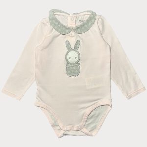 Body bébé manches longues avec col et motif lapin vert d’eau Obaïbi, 6 mois d'occasion