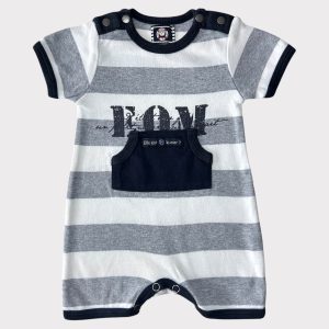 Combinaison bébé rayée gris blanc et noir avec poche noire et manches courtes. 3 mois d'occasion.