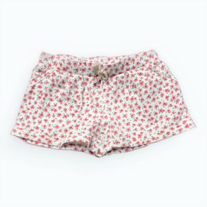 Short enfant fond blanc motifs fleurs corail. Seconde main.