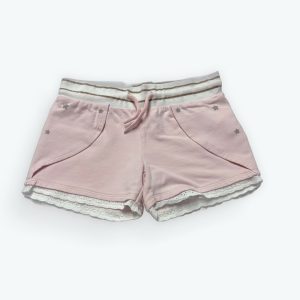 Short enfant molleton rose clair, avec un fond dentelle et élastiqué à la taille. Seconde main.