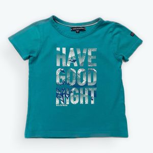 T-shirt manches courtes turquoise avec sérigraphie devant. Seconde main.
