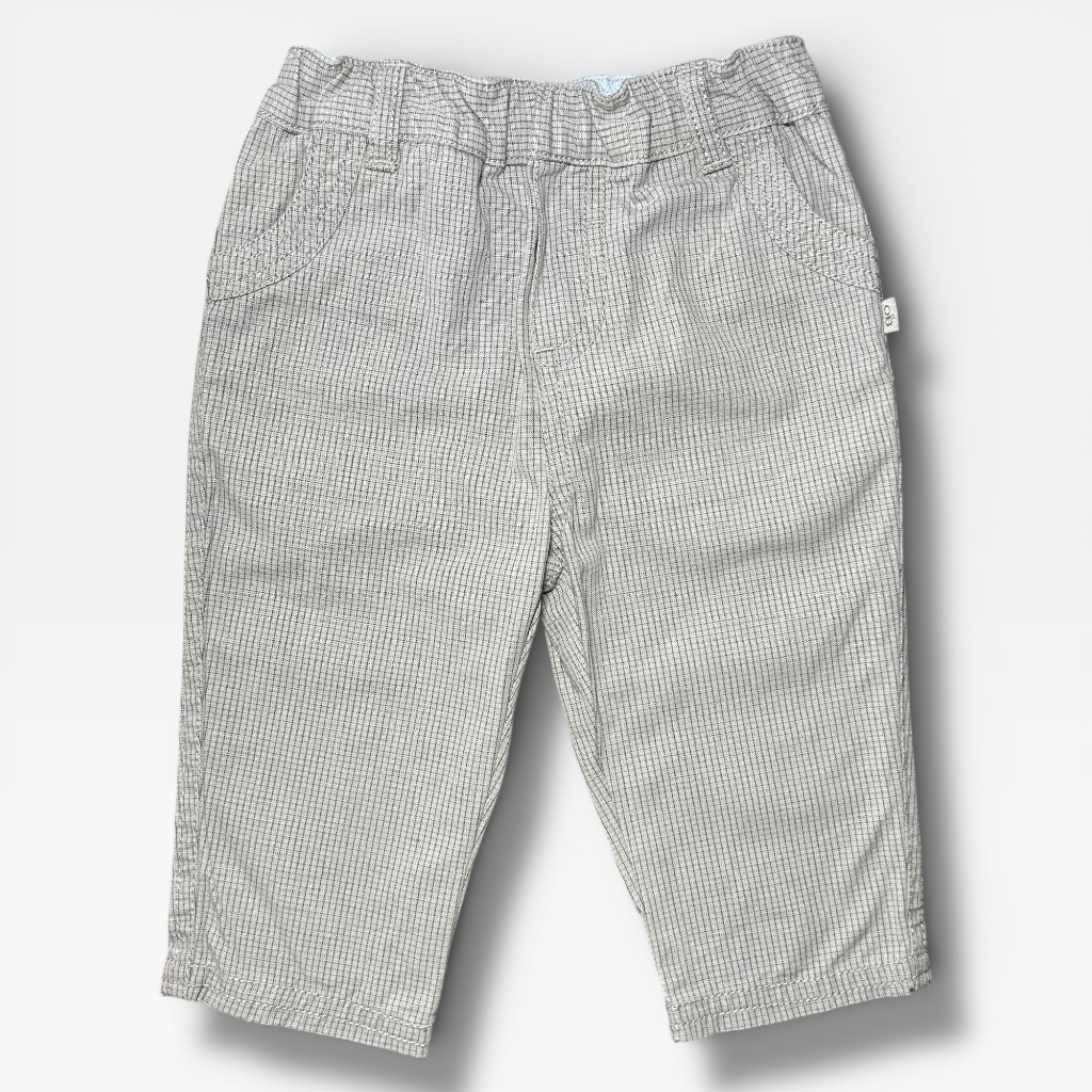 Pantalon bébé gris clair à mini carreaux avec taille élastiquée et poches arrière. Obaïbi, 6 mois d'occasion